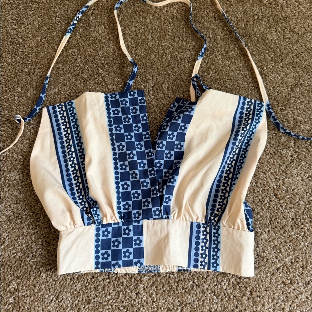 Sunday White and Blue Sleeveless Crop Tank Top